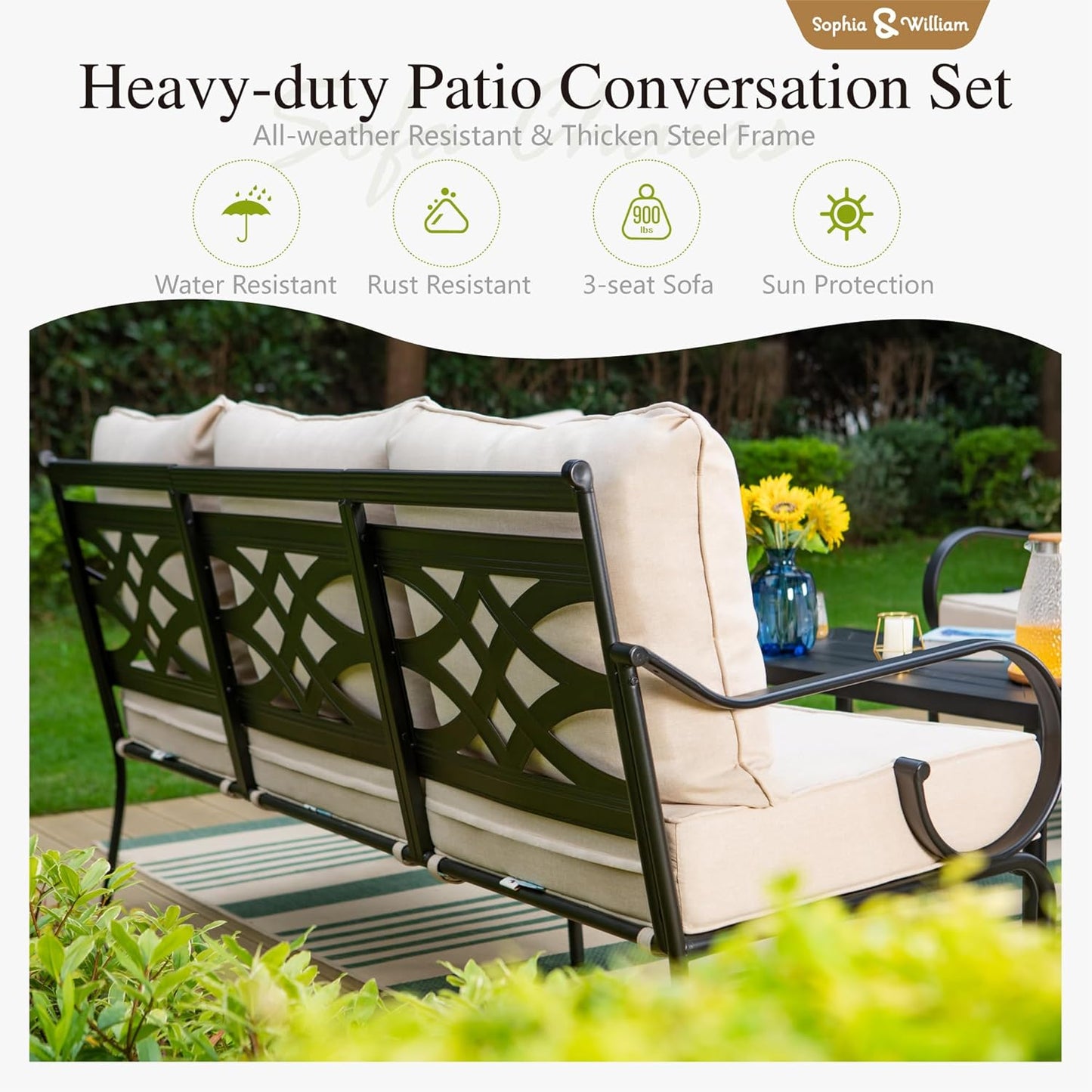 Sophia & William 6 Piece Outdoor Patio Furniture Set, 7 Seats Patio Conversation Sets with 45" Gas Fire Pit Table x 1, 3-seat Sofa x 1, Swivel Chair x 2, Cushioned Chair x 2, Beige