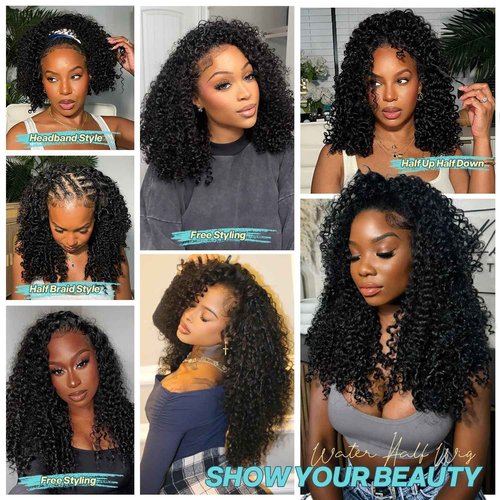 UMEGIRL Half Wig Human Hair Burmese Curly Wig for Women 250 Density 3 In 1 Seamless Flip Over Half Wigs Beginner Friendly Glueless Wigs Human Hair with Spiral End Natural Color 16 Inch