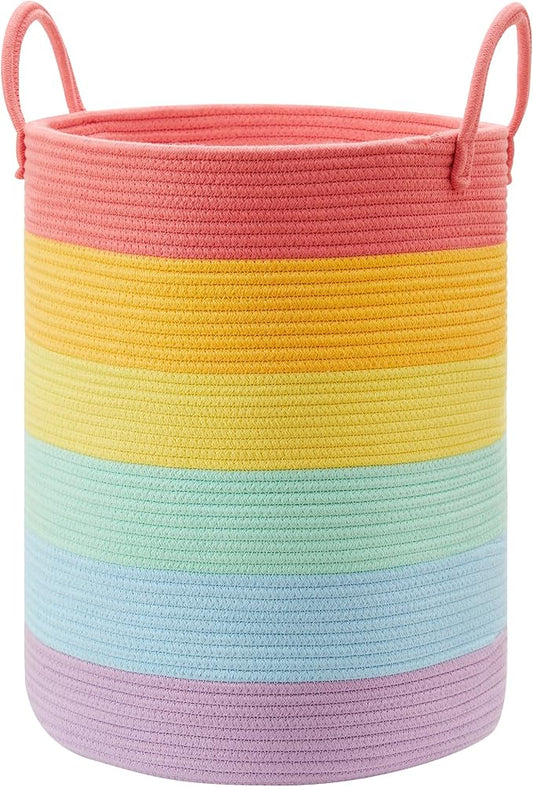 Rainbow 15"Dx20"H Baby Girls Kids Laundry Hamper Basket for Nursery Toddler Clothes Blanket Toy Storage Woven Rope Unicorn Hamper in Playroom Bedroom 60L Large