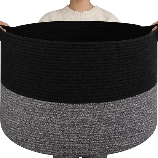 OIAHOMY 115L Extra Large Blanket Basket for Living Room, 23.6" x 15.4" Woven Cotton Rope Laundry Basket for Organizing Pillows, Decorative Stuffed Animal Toy Storage for Nursery, Black and Grey