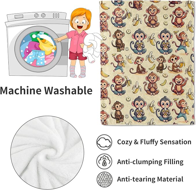 Monkey and Banana Blanket,Fun Cartoon Jungle Theme Throw Blankets,Birthday Gifts for Kids & Animal Lovers,Lightweight Soft Fleece,for Picnic Sofa Couch Bed Room Travel,Modern Decor,40x50in