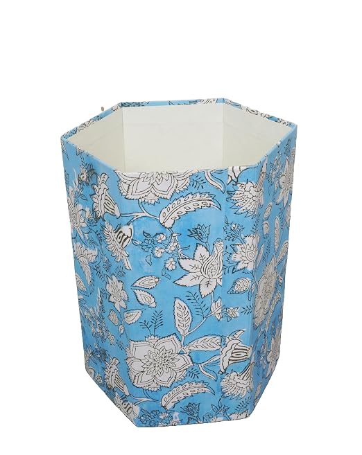 Generic 3.3 Gallon Cotton Hand Block Printed Paper Waste Basket |Small Decorative Trash Can for Housewarming Gifts in Living Room, Bedroom, Bathroom | Eco-Friendly, Plastic-Free (1, SKY WHITE FLOWAR)