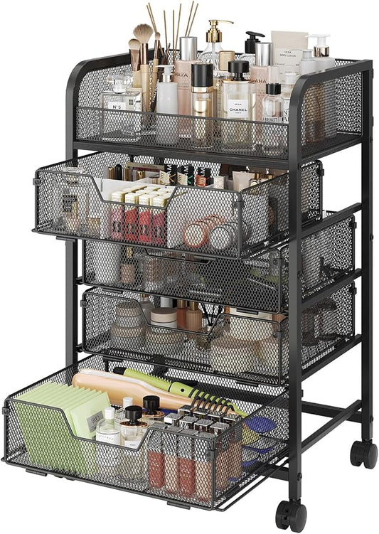 Hongtamoya Makeup Cart Organizer with 4 Drawers, Vanity Storage Organizer, Large Floor Skincare Organizers Cosmetics Display Cases for Skin Care Perfume Nail Polish, Black