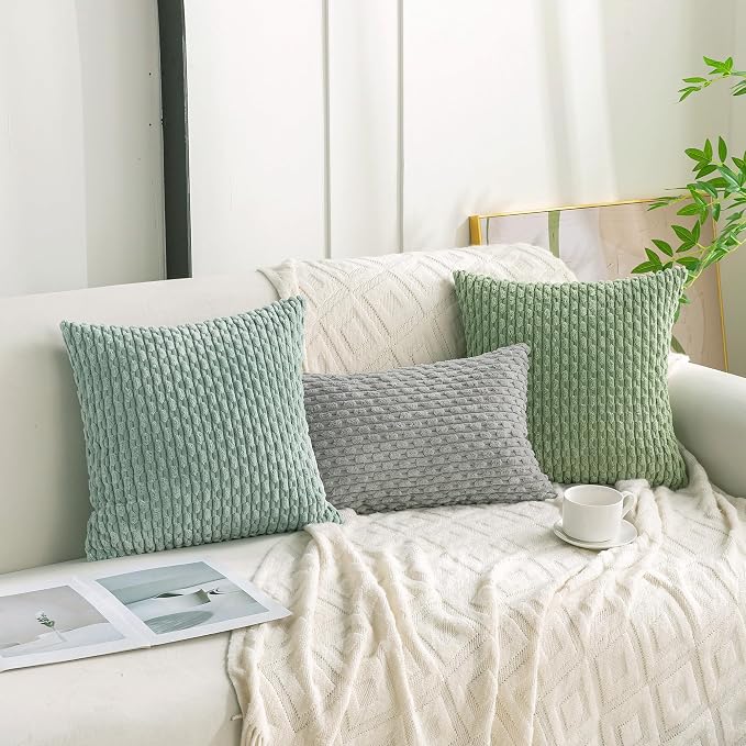 Set of 4 Sage Green Decorative Throw Pillow Covers 12x20 Inch Corduroy Pillow Covers for Bed Couch Sofa Living Room Soft Cushion Cases