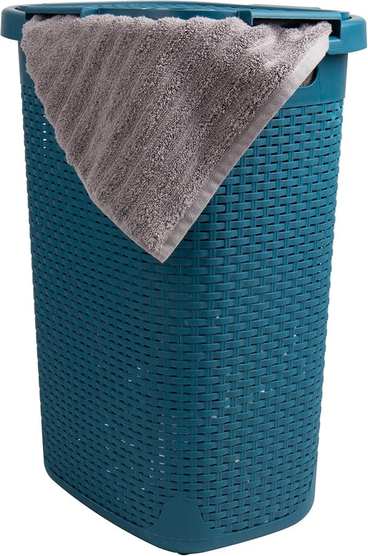Mind Reader Slim Laundry Hamper with Lid, 60L Tall Clothes Basket, Narrow Tapered Design for Bathrooms, Closets and Laundry Rooms, Plastic, Blue