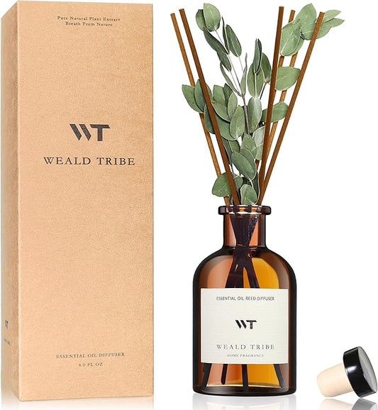 WEALD TRIBE Flower Reed Diffuser Set Eucalyptus & Lavender Scent for Room Bathroom Accessories Shelf Decor & Air Fresheners, Sticks Defusers with 4.0 fl oz Essential Oils, Home Fragrance Office Gift