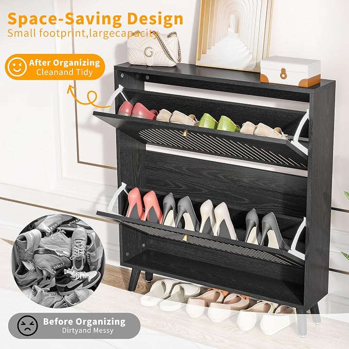 Fsbecl Shoe Storage Cabinet for Entryway with 2 Flip Drawers, Narrow Wood Shoe Cabinet with Fluted Panel, Freestanding Hidden Shoe Organizer for Foyer, Hallway (Black - No Shelf)