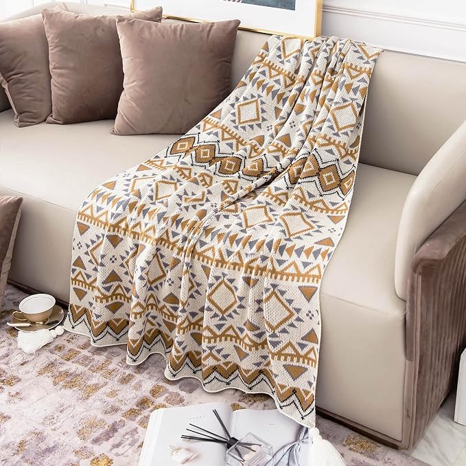 Brown Queen Size Knitted Tassel Boho Soft Lightweight Vintage Tan Throw Blanket for Sofa Couch Bed and Living Room- All Seasons (60x80 Inch)