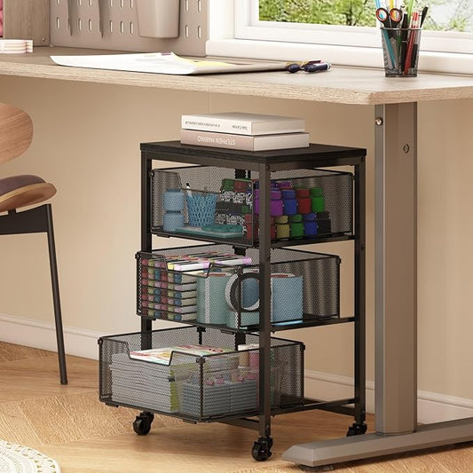 Under Desk Storage Cart with Lockable Wheels, 3-Drawer Rolling Storage Cart, Metal Utility Cart with Drawers for Art Cart, Craft Cart, Classroom, Office, Kitchen, Bedroom