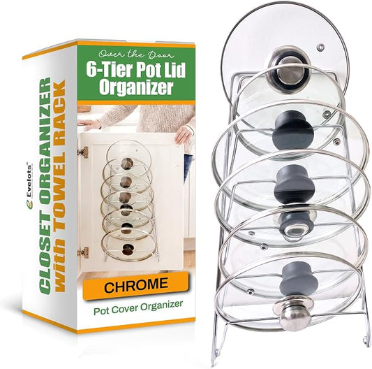Evelots 6-Tier Pot Lid Organizer for Cabinet Door or Pantry Wall - Pots and Pans Lid Holder Rack - Glass or Metal Pan Covers Cabinet Organizer Kitchen Storage - Chrome Finished