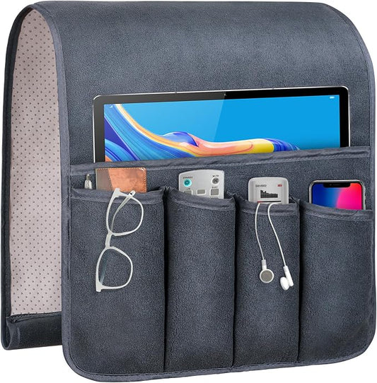 Couch Armrest Remote Control Holder, Polar Fleece Couch Caddy Gifts for Seniors, Non-slip Bed Caddy Tv Remote Holder with 5 Pockets for Key Glasses Phone Magazine Holders