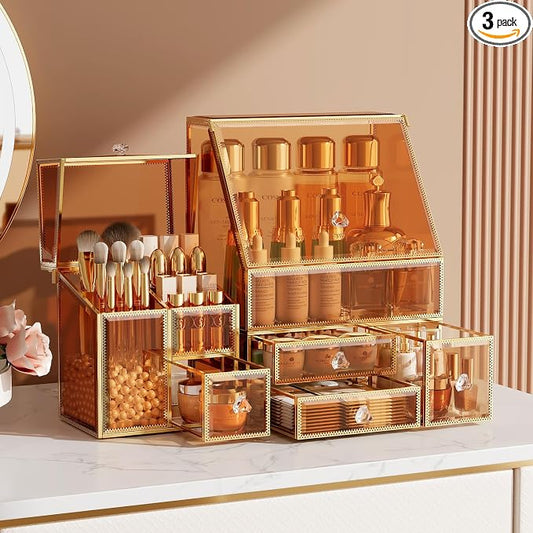 CoralHouse Amber Glass Makeup Organizer with Lid, 3-Piece Vanity Organizer with Gold Frame, Cosmetic Display Case for Skincare, Perfume, Lipsticks, Brushes, Bathroom Countertop & Dresser