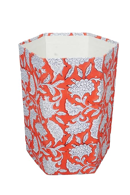 3.3 Gallon Cotton Hand Block Printed Paper Waste Basket |Small Decorative Trash Can for Housewarming Gifts in Living Room, Bedroom, Bathroom | Eco-Friendly, Plastic-Free (1, ORE. White FLOWAR)