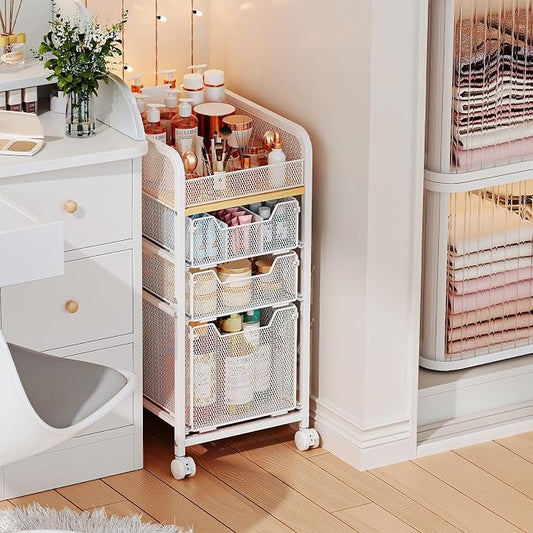 Hongtamoya Rolling Makeup Cart Organizer with 3 Drawers, Narrow Floor Skincare Organizers, Vanity Organizer Cosmetics Display Cases Holder for Skin Care Nail Polish Perfume Makeup Brush, White