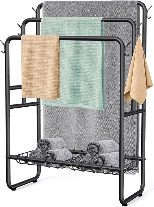 Kayfia 40" H Towel Rack Freestanding, 3-Tier Bath Towel Holder Stand with Storage Baskets & Hooks, Blanket Drying and Display Rack for Oversized Bath Towels, Metal Towel Rack Stand Indoor Outdoor