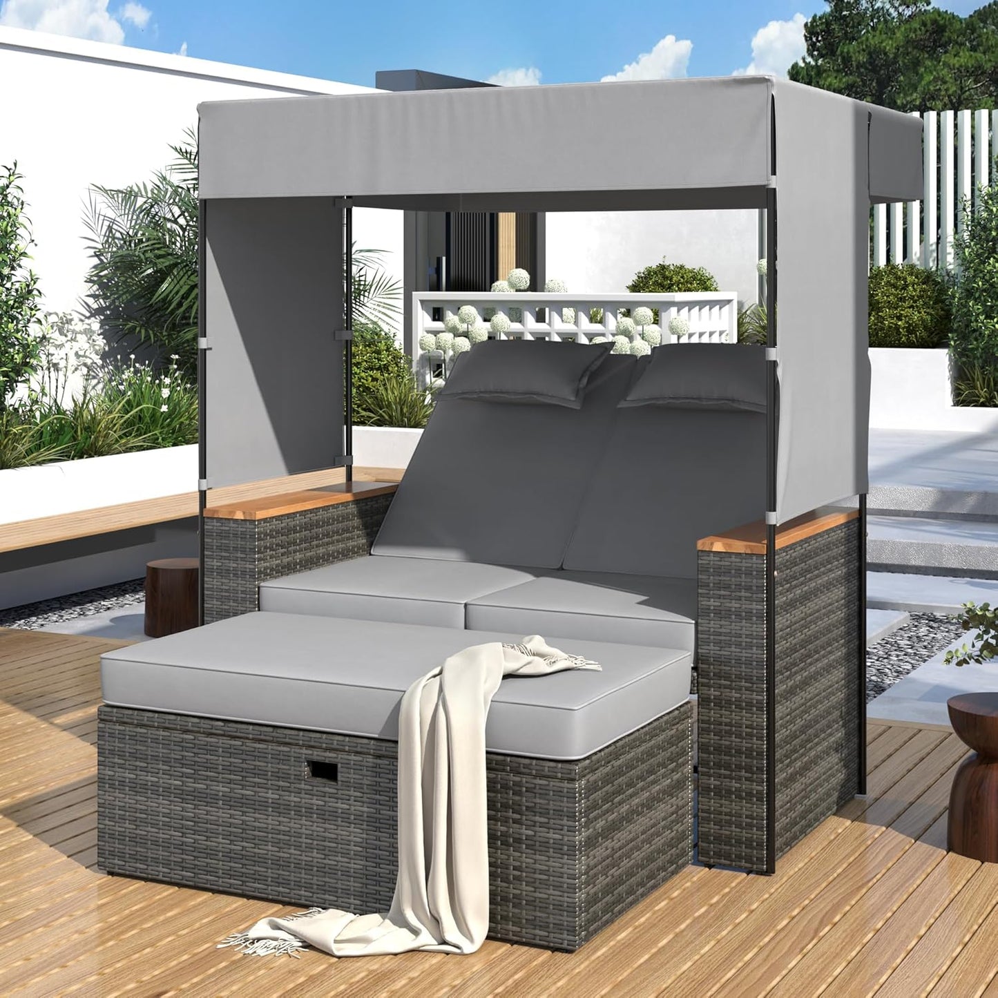 Merax 2-Piece Outdoor Rattan Daybed, Wooden Handrail Table Patio Loveseat Sofa Bed with Bench Lounge Roof Set and Cushions for Poolside, Backyard and Garden, Grey