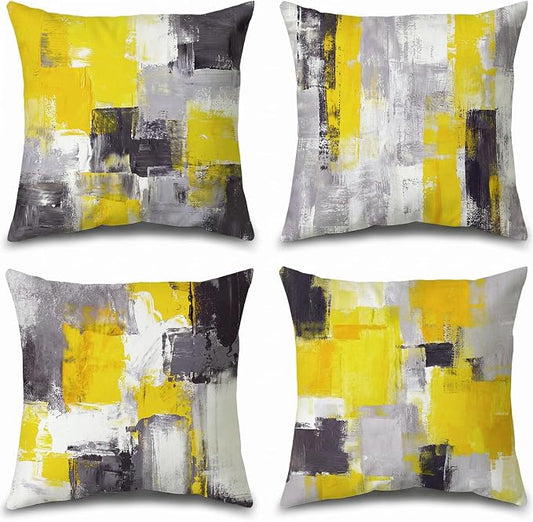 Set of 4 Modern Abstract Throw Pillow Covers 18x18 Inch, Yellow and Grey Decorative Cushion Covers for Sofa Couch, Art Oil Painting Geometric Pillow Cases for Home Decor Living Room