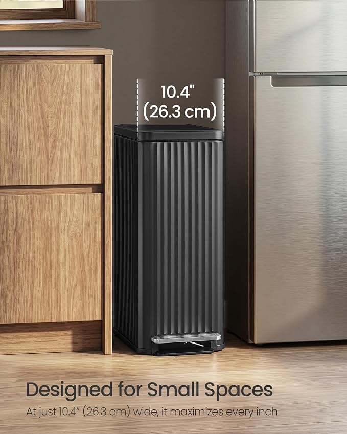 SONGMICS Trash Can, 13 Gallon (50 L) Slim Garbage Can for Kitchen, with Soft-Close Lid, Pedal, Removable Inner Bucket, Stainless Steel, 15 Trash Bags, Space-Saving, Ink Black ULTB350BZ01