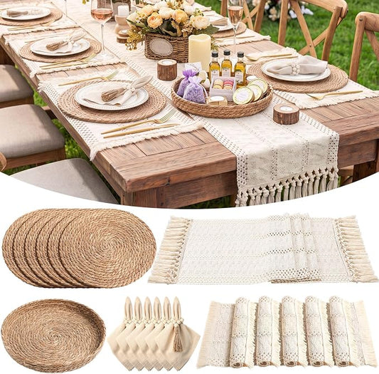 6 Sets Boho Decoration Placemats Round Woven Placemats, Cloth Napkins, Wood Bead Napkin Rings, Long Table Runner and Farmhouse Burlap Cotton for Table Kitchen (White,12x72)
