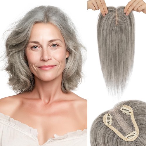 SEGO Pro Hair Toppers for Women Real Human Hair with No Bangs 3.1×3.9 Inch Silk Base Clip-In Topper Natural Looking Hairpieces for Women（8 Inch,Light Grey）