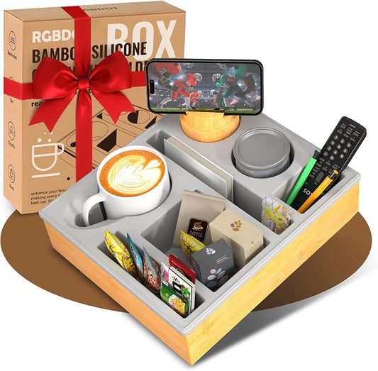 Couch Cup Holder Tray - Couch Organizer Caddy, Silicone Beach Caddy with Cup Holder, Sofa and Bed Drink Holder and Couch Tray Table for Snacks Beverage Remote (Gray)