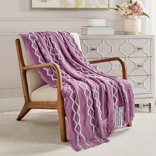 BOURINA Fluffy Chenille Knitted Fringe Throw Blanket Lightweight Soft Cozy for Bed Sofa Chair Throw Blankets Deep Purple 50" x 60"