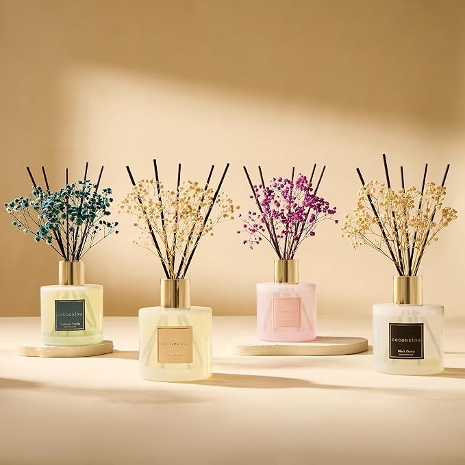 COCORRÍNA Reed Diffuser - Clean Linen 17 Fl.oz Reed Diffuser with 8 Sticks Scented Diffuser with Preserved Flowers for Bathroom Home Decor