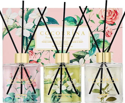 COCORRÍNA Reed Diffuser Set of 3-3 Pack/ 3.04 Fl.oz Diffuser with 24 Sticks Pink Rose/Gardenia/Jasmine & Mint, Reed Diffuser for Home Bathroom Office Decor