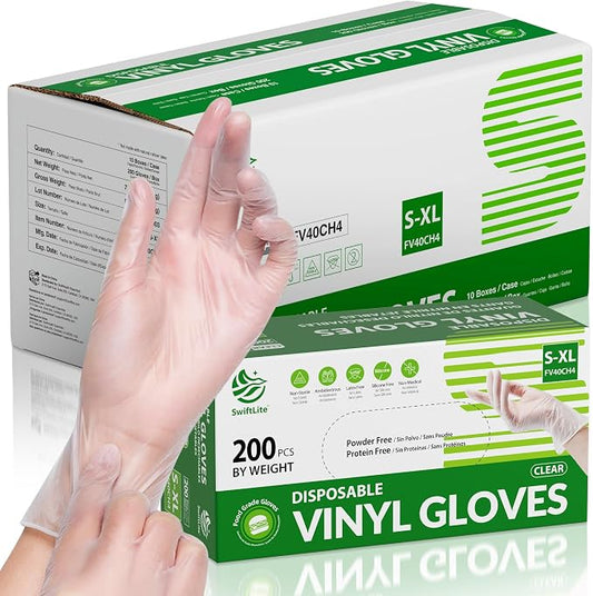 SWIFTLITE Disposable Vinyl Gloves, Food Safe, Latex-Free Powder-Free Clear Plastic Gloves for Cooking, House Clean, Food Prep