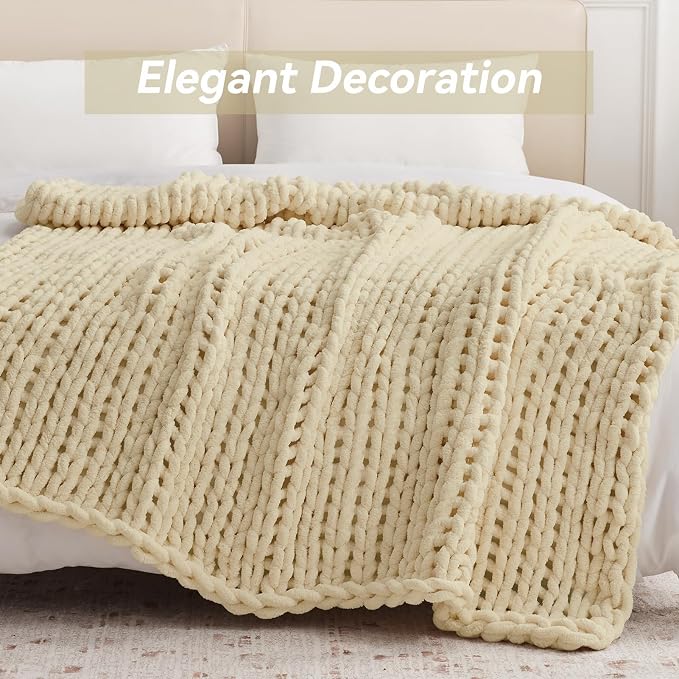 Negwoo Chunky Knit Throw Blanket, 30''*40'' Knitted Throw Chenille Yarn for Bed Couch, Handmade Oatmeal Crochet Big Thick Blanket, Machine Washable Cute Comfy Blanket for Home Decor