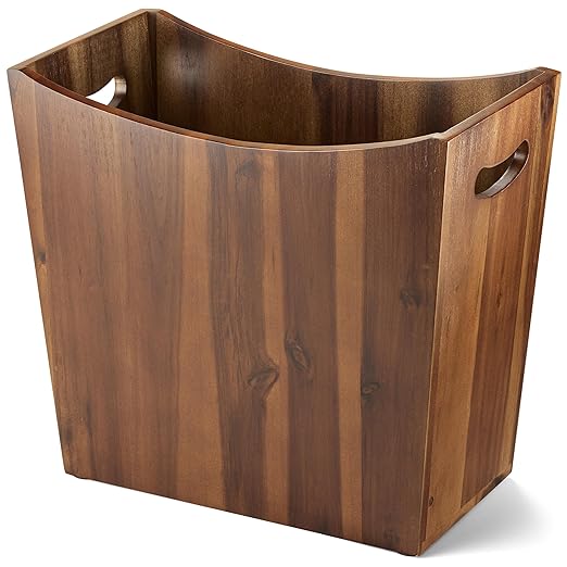 Tidita 3-Gallon Acacia Wood Wastebasket, Small Wood Trash Can with Handles | Acacia Wood, 13" L x 6.6" W x 13" H, Integrated Handles, Non-Slip, Rustic Style for Bathroom, Bedroom, Kitchen, Walnut Color