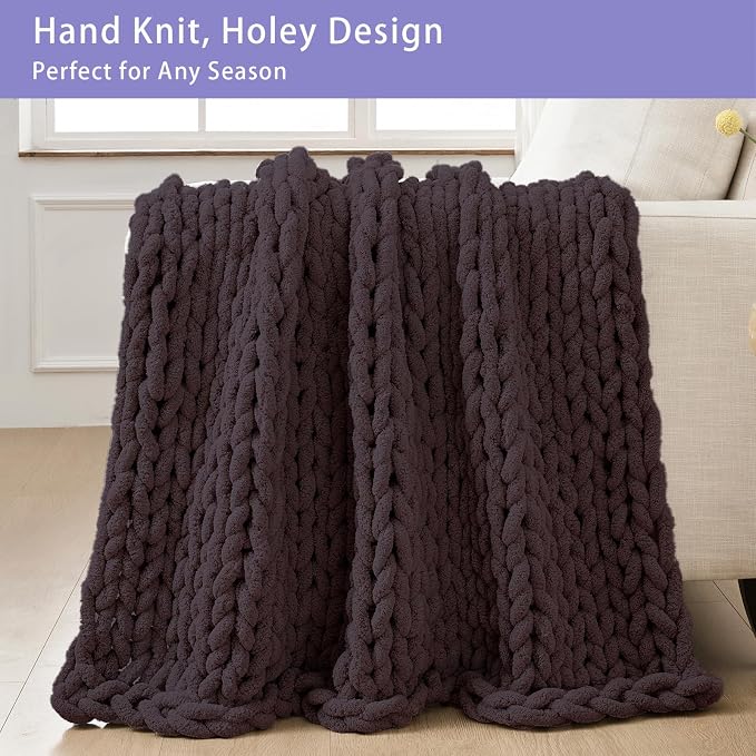 Bigacogo Chunky Knit Throw Blanket for Couch, 40x60 inches, 100% Hand Knitted with Thick Jumbo Chenille Yarn, Cozy Soft Large Rope Knot Cable Crochet Blankets for Sofa Bed Living Room, Chocolate