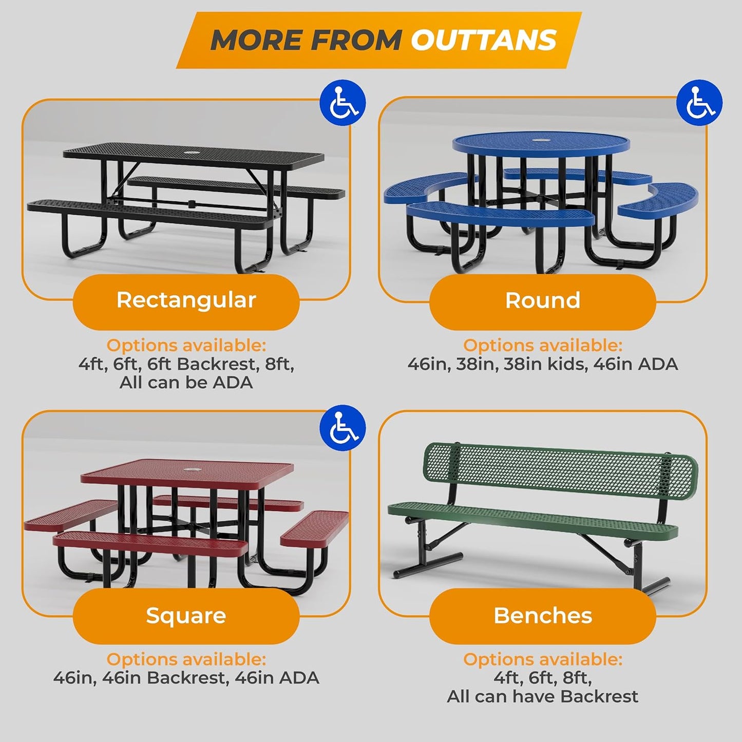 Heavy-Duty Outdoor Metal Bench, Thermoplastic-Coated, Surface, Weatherproof, Commercial-Grade for Parks, Gardens, Patios, Stores & More (8 Ft - Surface with Back, Black)