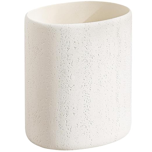 Trash Can, 1.6 Gallon Small Bathroom Trash Can, Simple Oval Stone Look Garbage Bin, Decorative Waste Basket for Kitchen Office, Home Decor, Bedroom, Living Room Ivory White