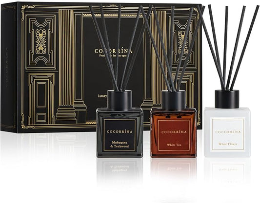 COCORRÍNA Hotel Collection Reed Diffuser Set, 1.7 fl oz Trio, Mahogany Teakwood, White Flower & White Tea, Home Fragrance for Bathroom, Bedroom, Entryway & Office