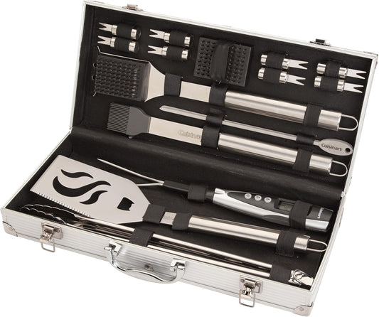 Cuisinart Deluxe Grill Tool Set, 20-Piece Grill Tools BBQ Accessories with Aluminum Case & Digital Temperature Fork, Spatula, Tongs, Stainless Steel Grilling Accessories, Grilling Set for BBQ