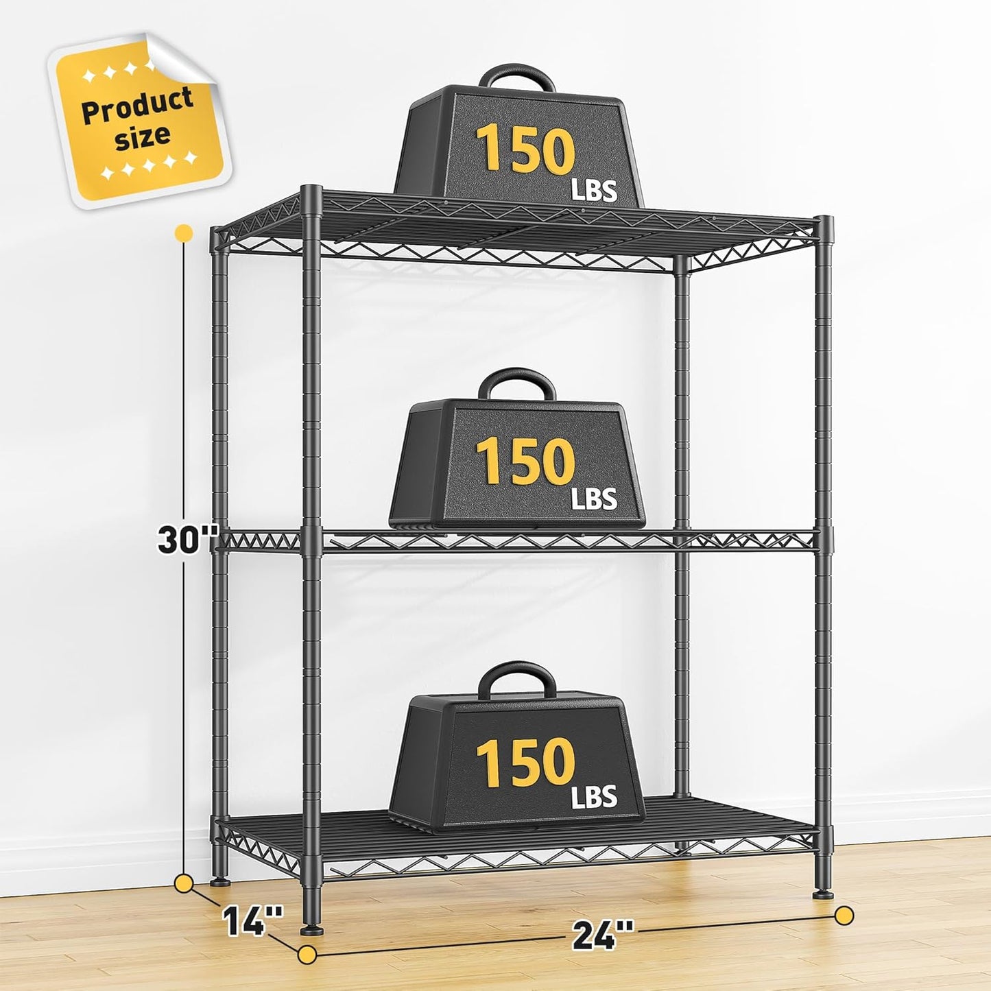 Storage Shelves Adjustable Wire Shelving Metal Wire Rack Shelving Unit Storage Shelf for Kitchen Laundry Room Pantry Closet Bathroom 24" W x 30" H x 14" D Black