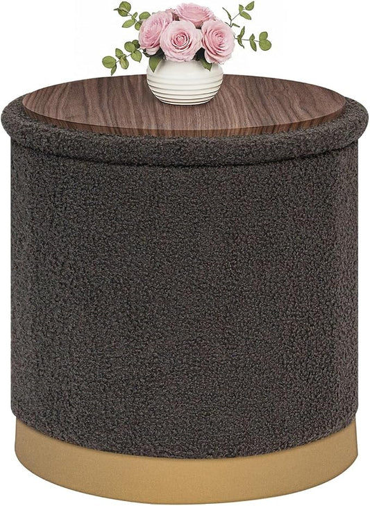 B FSOBEIIALEO Ottoman with Stroage, Round Boucle Storage Ottoman with Gold Plating Base,Foot Rest Stool for Dorm Room, Living Room Dark Grey, 16.73"x16.73"x17.72"