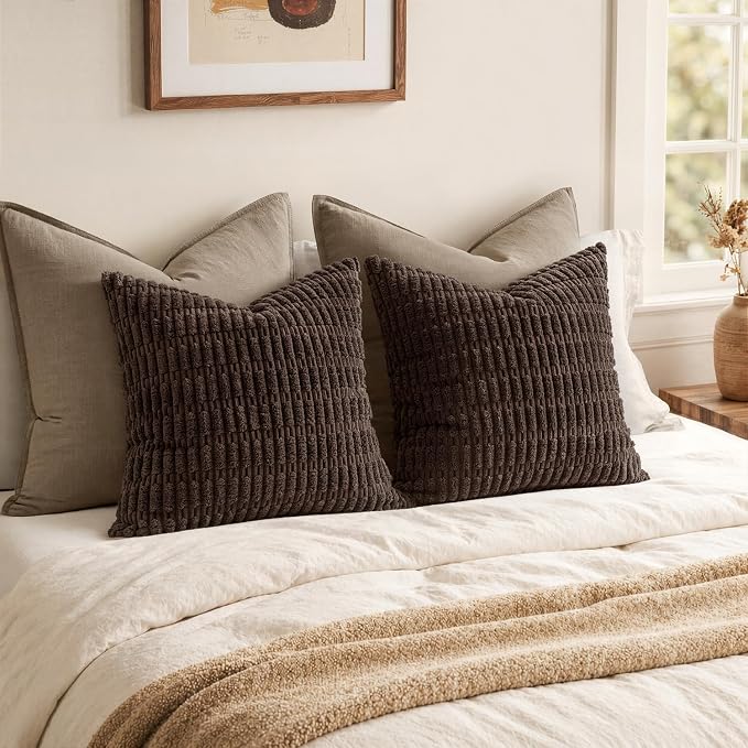MIULEE Pack of 2 Corduroy Decorative Throw Pillow Covers 20x20 Inch Soft Boho Striped Pillow Covers Modern Farmhouse Home Decor for Sofa Living Room Couch Bed Dark Brown