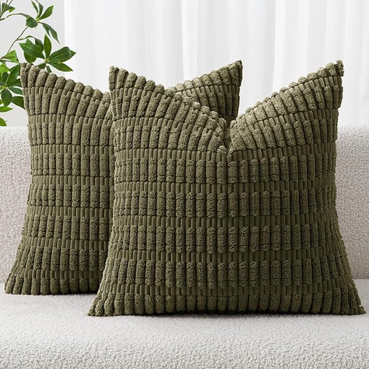 MIULEE Pack of 2 Spring Corduroy Decorative Throw Pillow Covers 16x16 Inch Soft Boho Striped Pillow Covers Modern Farmhouse Home Decor for Summer Sofa Living Room Couch Bed Olive Green