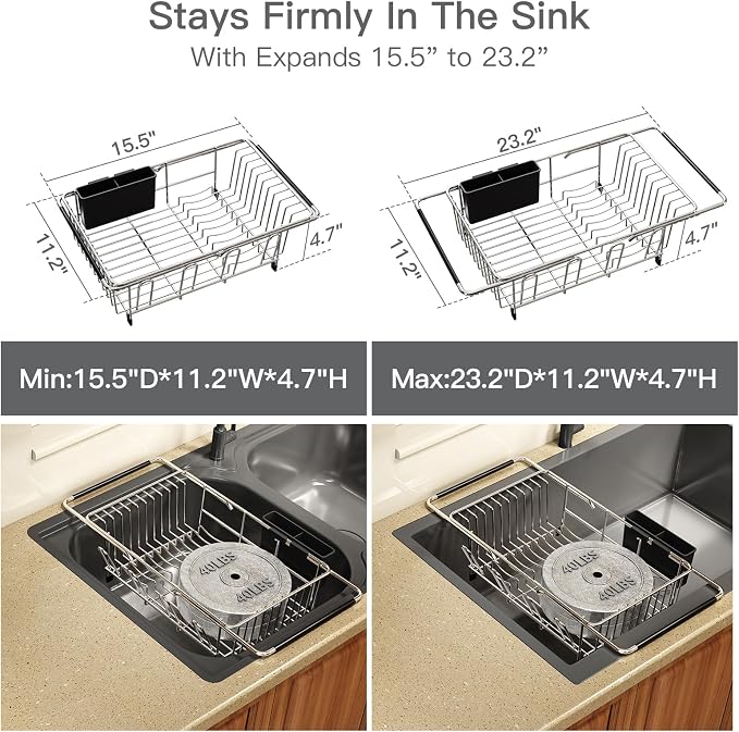 MAJALiS Dish Drying Rack Over The Sink with Utensil Holder, Mat | Expandable Stainless Steel Dish Drainer for Small Kitchen, Apartment, RV, Counter Space Saving, Perfect Fit, Rustproof