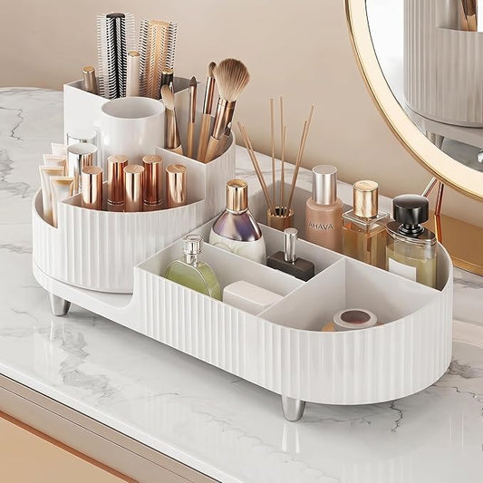 Booklov Rotating Makeup Caddy Organizer for Vanity, Large Capacity Cosmetic Display Case, Countertop Beauty Storage Holder for Skincare, Brush Eyeshadow Lipstick, Counter Desk Organization, White
