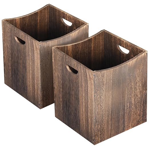 2 Pack Large Wooden Trash Can 9 Gal Curved Design Office Waste Basket, Square Farmhouse Garbage Can, Brown Vintage Wood Trash Can Storage Basket With Handles for Bedroom Office Living Room Decorative