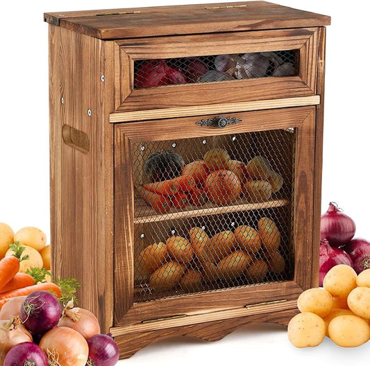 Colingmill Wooden Potato Onion Storage Bin for Kitchen Counter, Farmhouse Vegetable Storage Cabinet with Mesh Door & Lid Rustic Countertop Potato Organizer for Onion Garlic Bread, 11.8 x 6.8 x 16 Inch