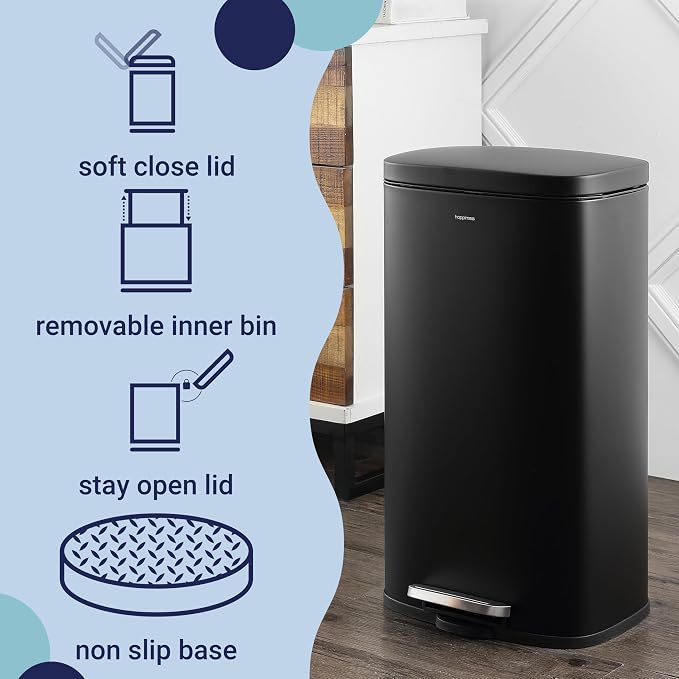 happimess HPM1011B Curtis 8-Gallon Step-Open Trash Can with Soft-Close Lid, Modern, Minimalistic, Fingerprint Proof for Home, Kitchen, Laundry Room, Office, Bedroom, Bathroom, Black