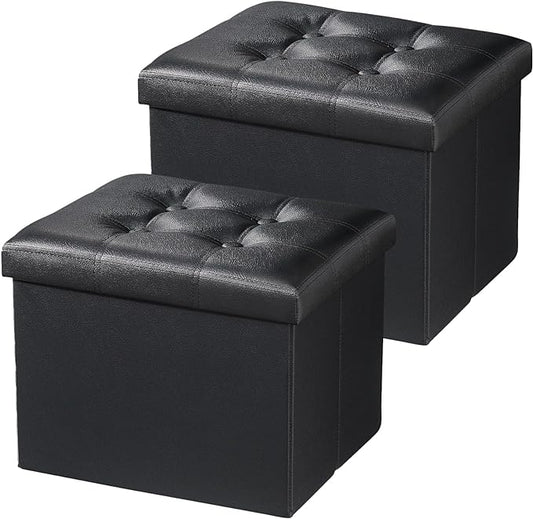 AmasSmile Storage Ottoman Folding Foot Rest Stool, Leather Footstool Bench, Short Ottoman Stool, Storage Foot Rest Store, Books (Black-2pc, 17" D x 13" W x 13" H)