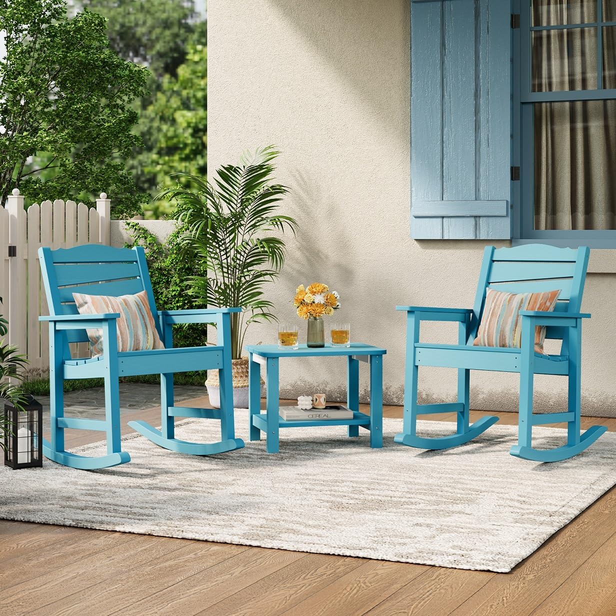 Patio Rocking Chairs Set of 2, Weatherproof HIPS Outdoor Rocking Chair for Adults, 400LBS Support Heavy Duty Porch Rocking Chairs for Garden, Lawn, Backyard, Outdoor and Indoor (Lake Blue)