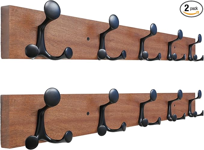 SKOLOO 24-Inch Wood Coat Rack Wall Mount with 5 Triple Hooks - Ideal for Family Entrances, Classrooms, and Pet Supplies Storage - Perfect Coat Hooks for Wall,Mahogany (Sapele), Pack of 2