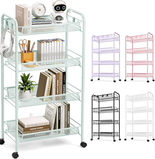 TOOLF 4-Tier Rolling Cart, Metal Utility Cart with 3 Hooks, Easy Assemble Mobile Storage Trolley On Wheels, Metal Shelving Units Kitchen Bathroom Laundry Room