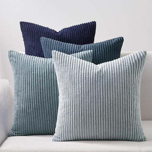 Topfinel Decorative Throw Pillow Covers Aque Teal Blue Gray Series,Summer Corduroy Striped Toss Pillows for Couch,Patio,Balcony,Children Bedroom,Modern Fluffy Blue Gradient Shams 26x26 Inch Set of 4